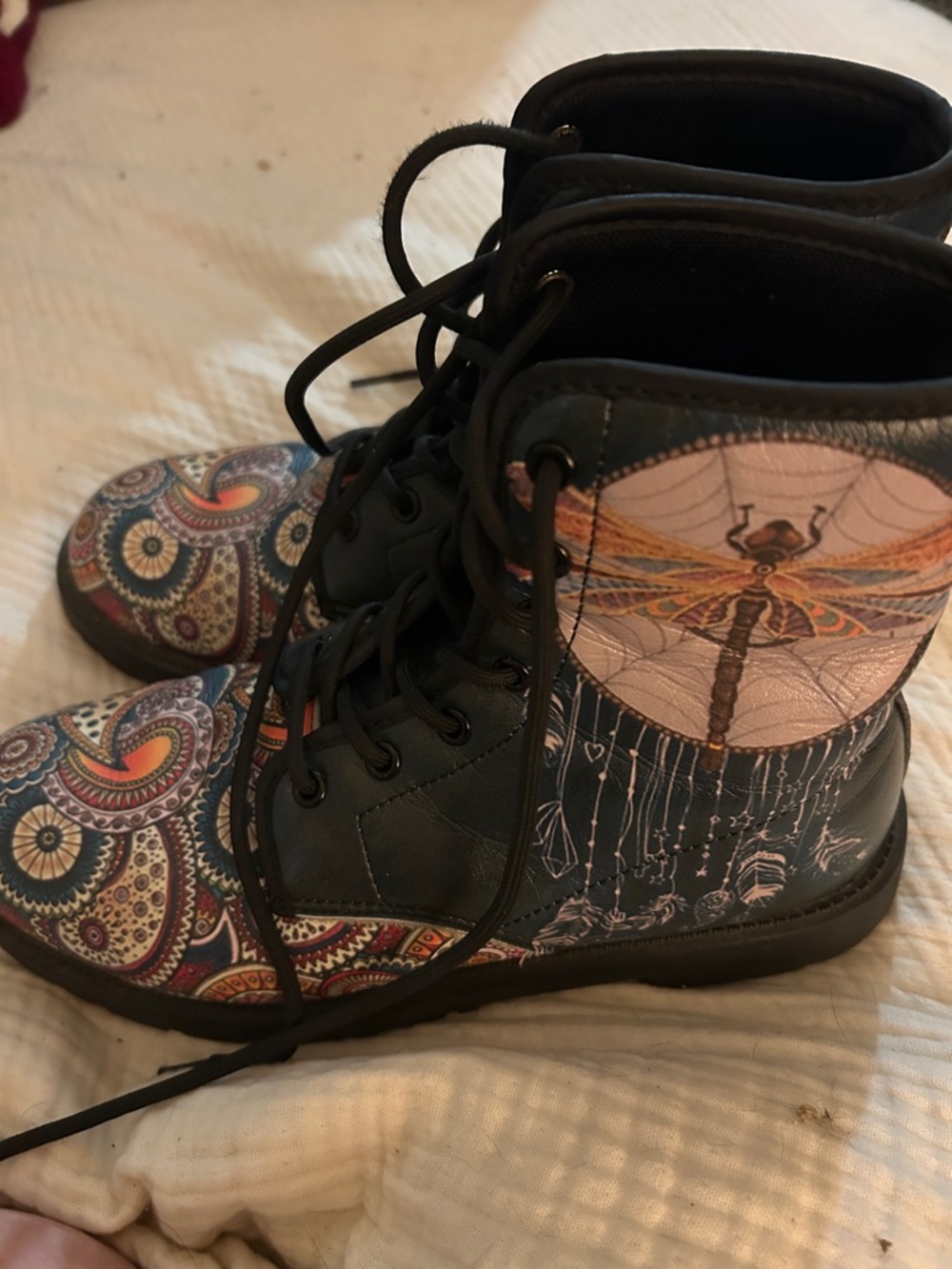 Boho Dragonfly Lace-Up Combat Boots - Multicolor